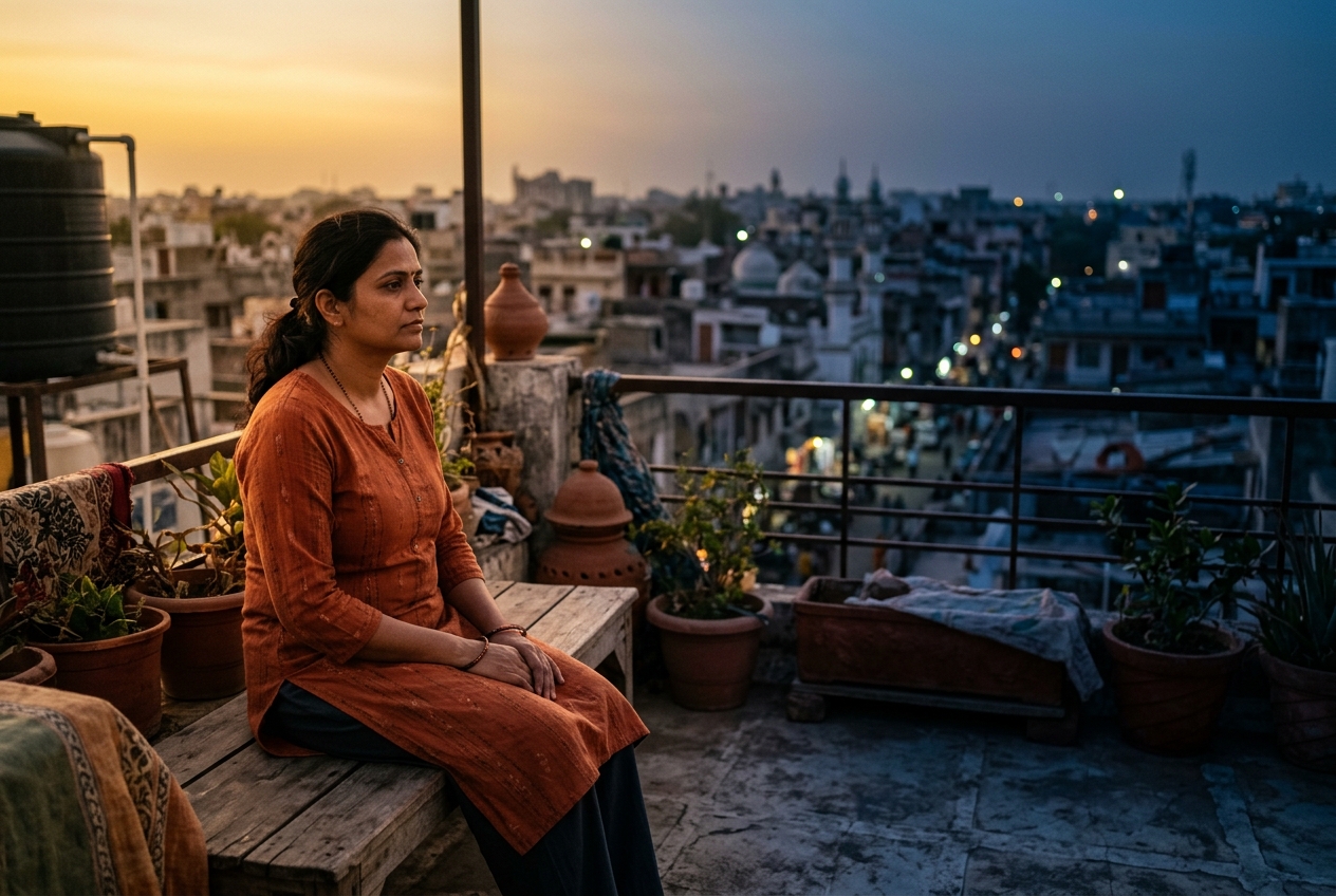 A woman sitting on a terrace at dusk, half in warm light and half in shadow