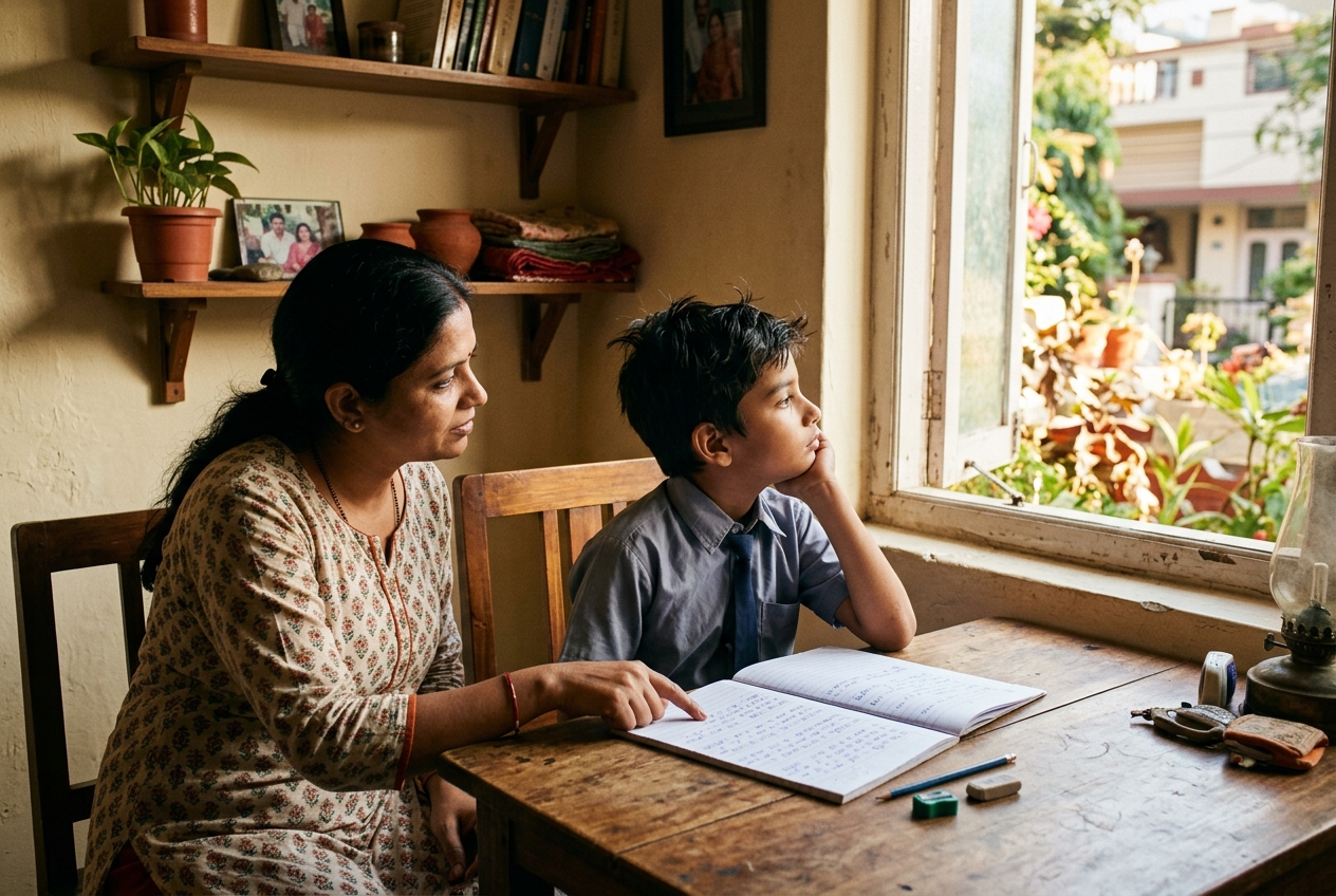 An Indian schoolboy distracted at his study table while his mother helps him