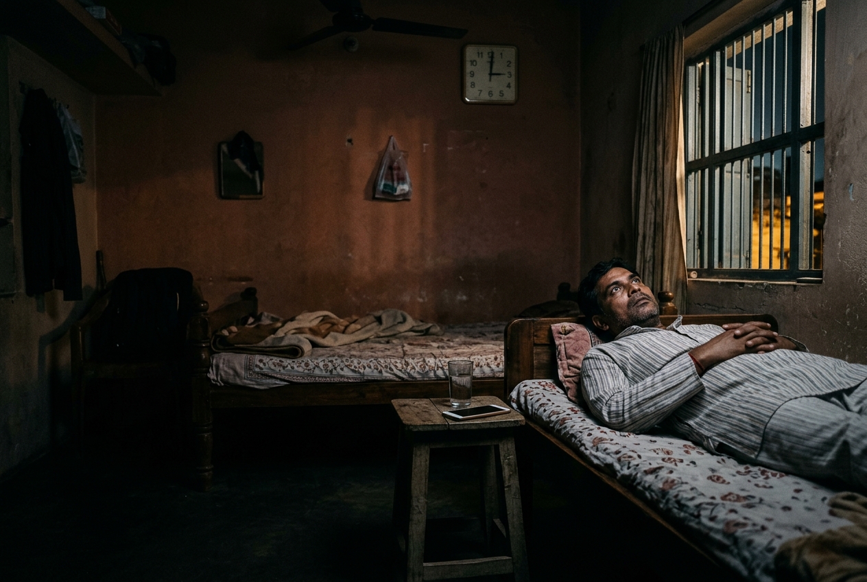 A man lying awake at night in a home in Gujarat