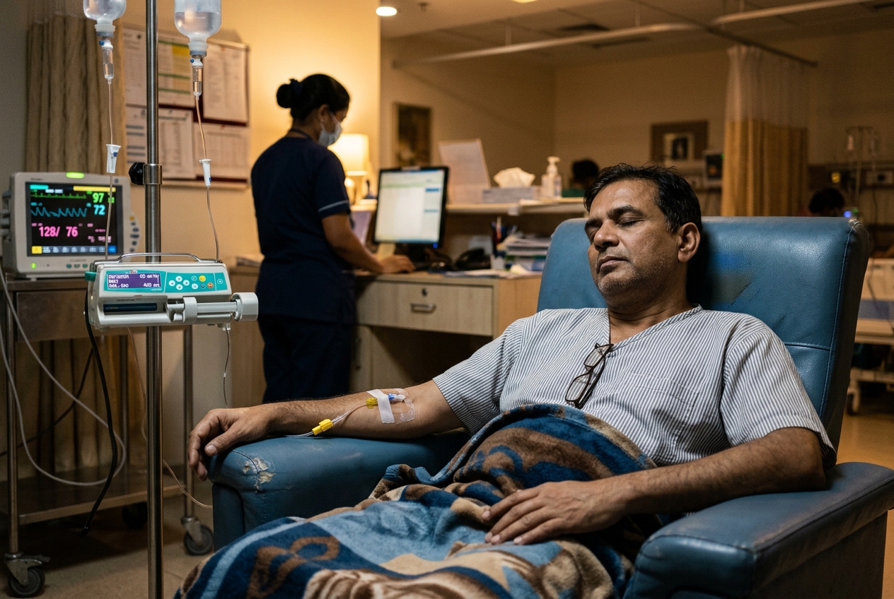 A patient resting in an infusion chair with an IV line and vital-signs monitor during ketamine infusion therapy