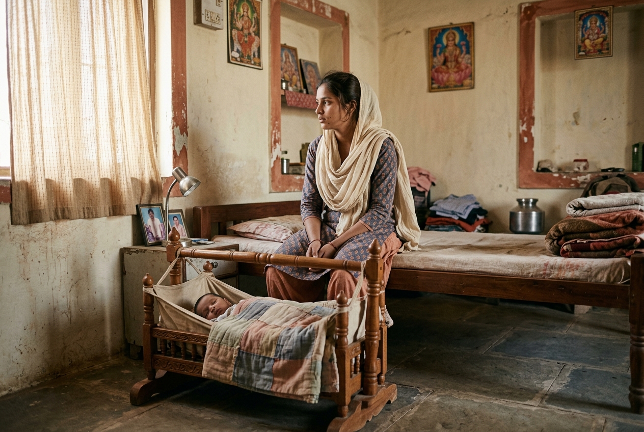 A young mother sitting beside her sleeping newborn, looking tired
