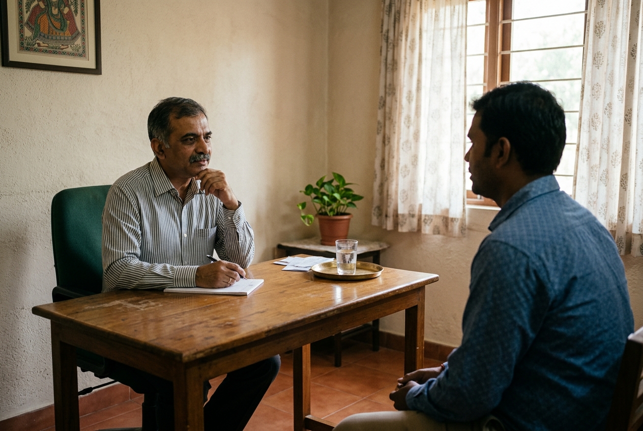 Psychiatrist consulting a patient at Manas Neuropsychiatry Hospital, Bhavnagar