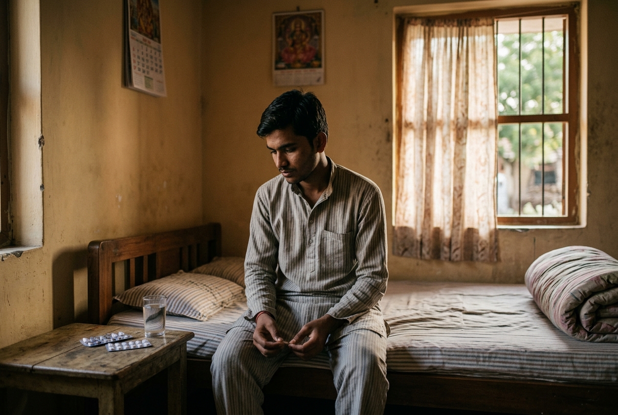A young man with epilepsy sitting quietly at home beside his medicine strip in Gujarat