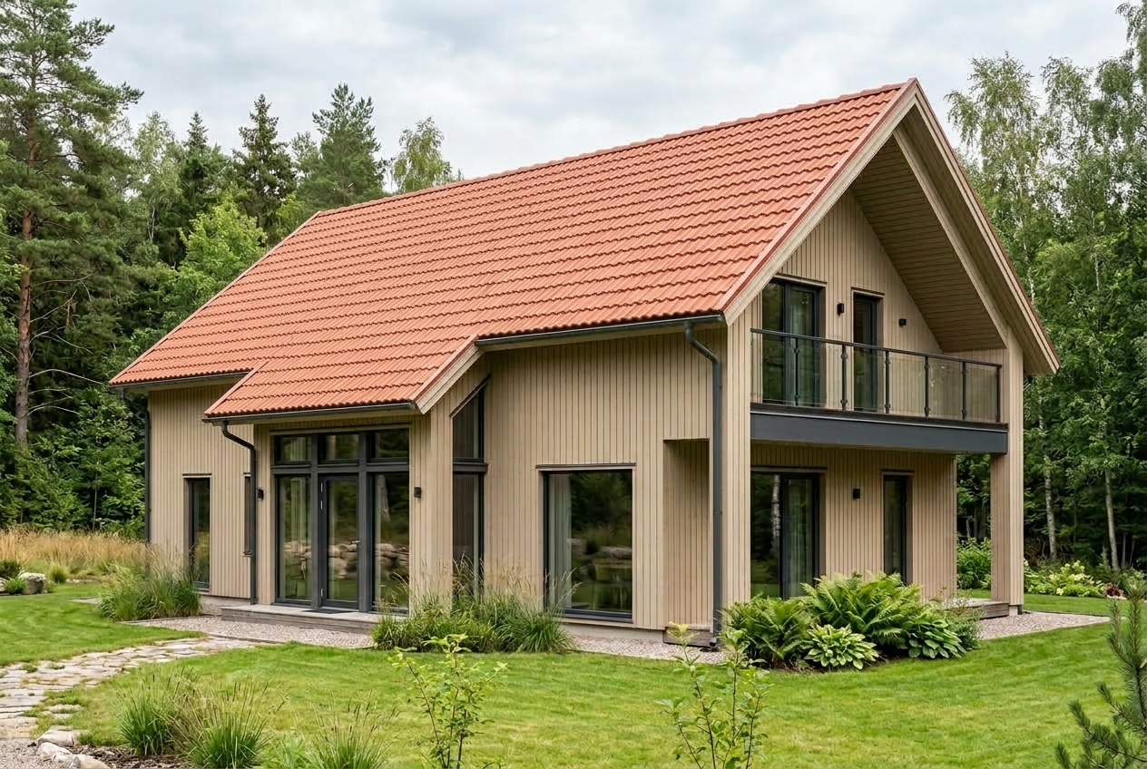 Hus med takfärg Tegelröd