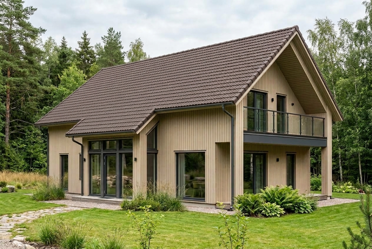 Hus med takfärg Mörkbrun