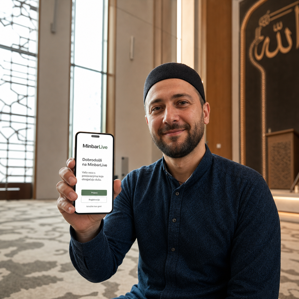 A person using the MinbarLive app in a mosque