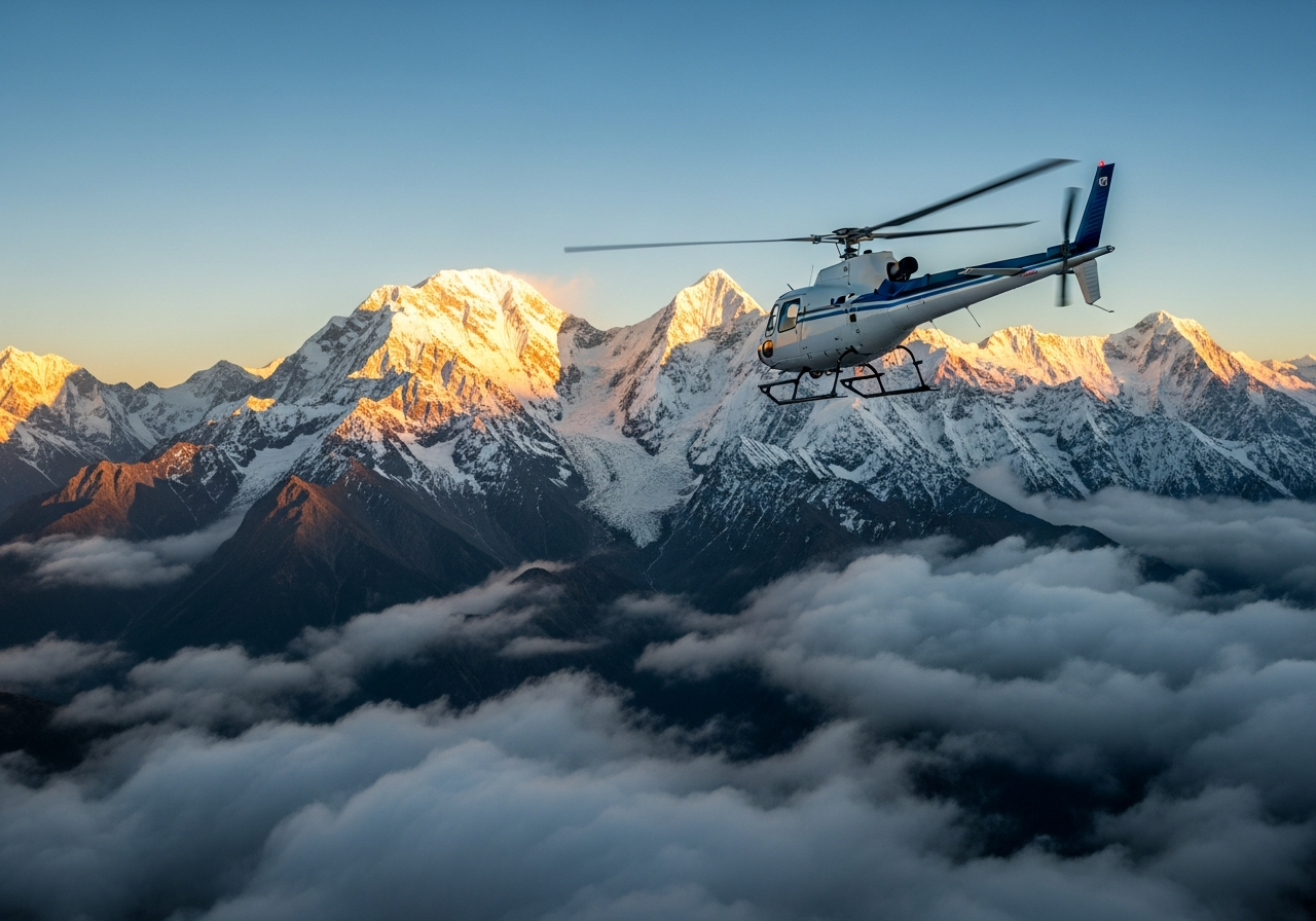 Helicopter over Himalayan mountains