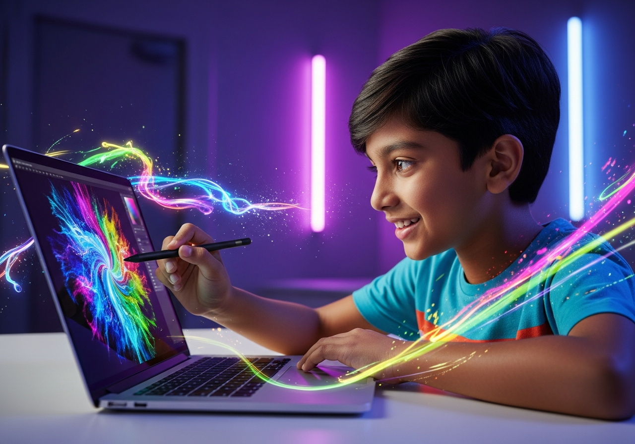 Happy child creating 3D digital art