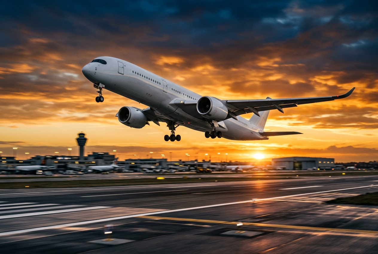 Commercial jet taking off from a runway at sunset