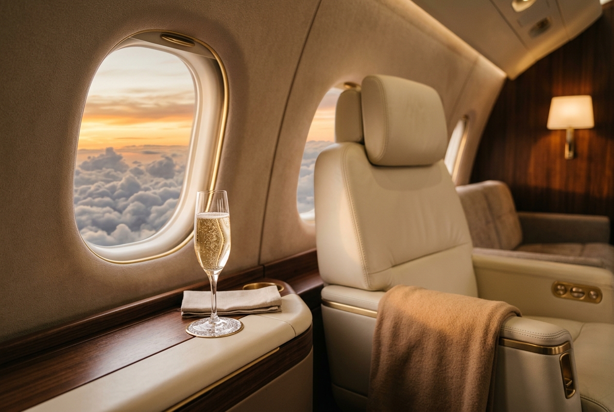 First Class suite with a glass of champagne