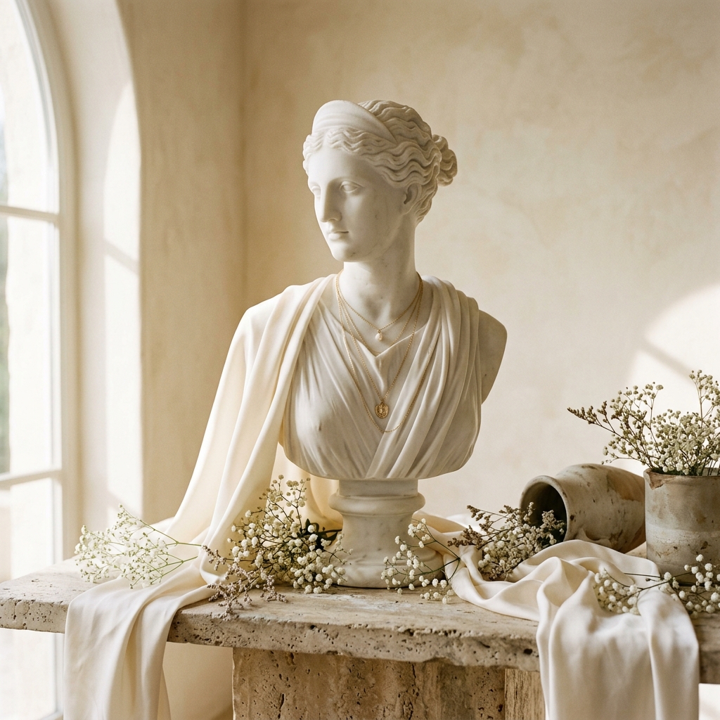 Classical marble bust draped in ivory silk with delicate gold chains
