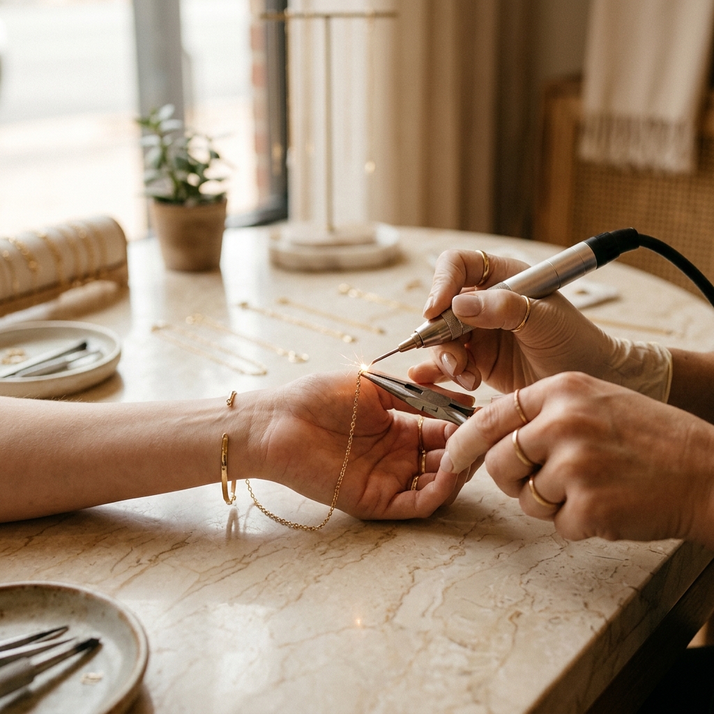 A jeweller welding a delicate permanent chain bracelet onto a wrist