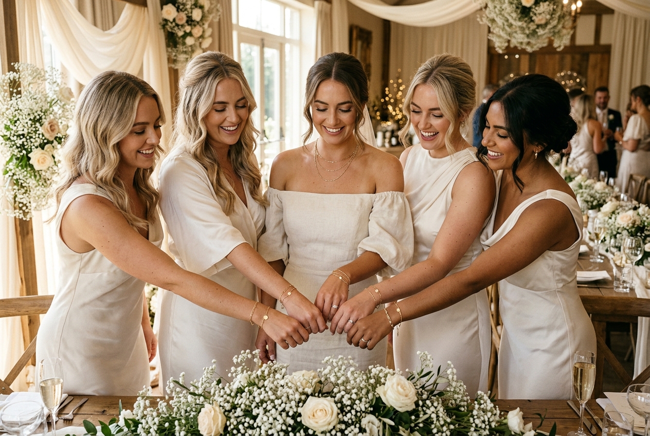Guests at a private permanent jewelry party holding wrists together