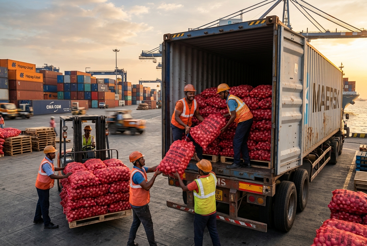 Onion bags being loaded into a shipping container