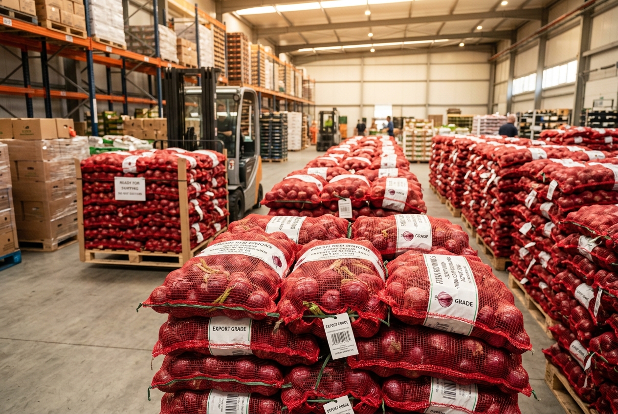 Red onions packed in export mesh bags