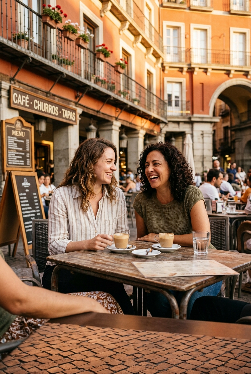 Two friends laughing over coffee at a café in Madrid