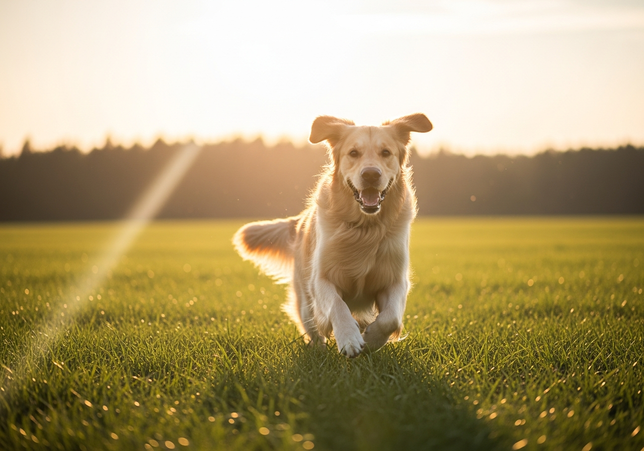 A healthy golden retriever running in a field
