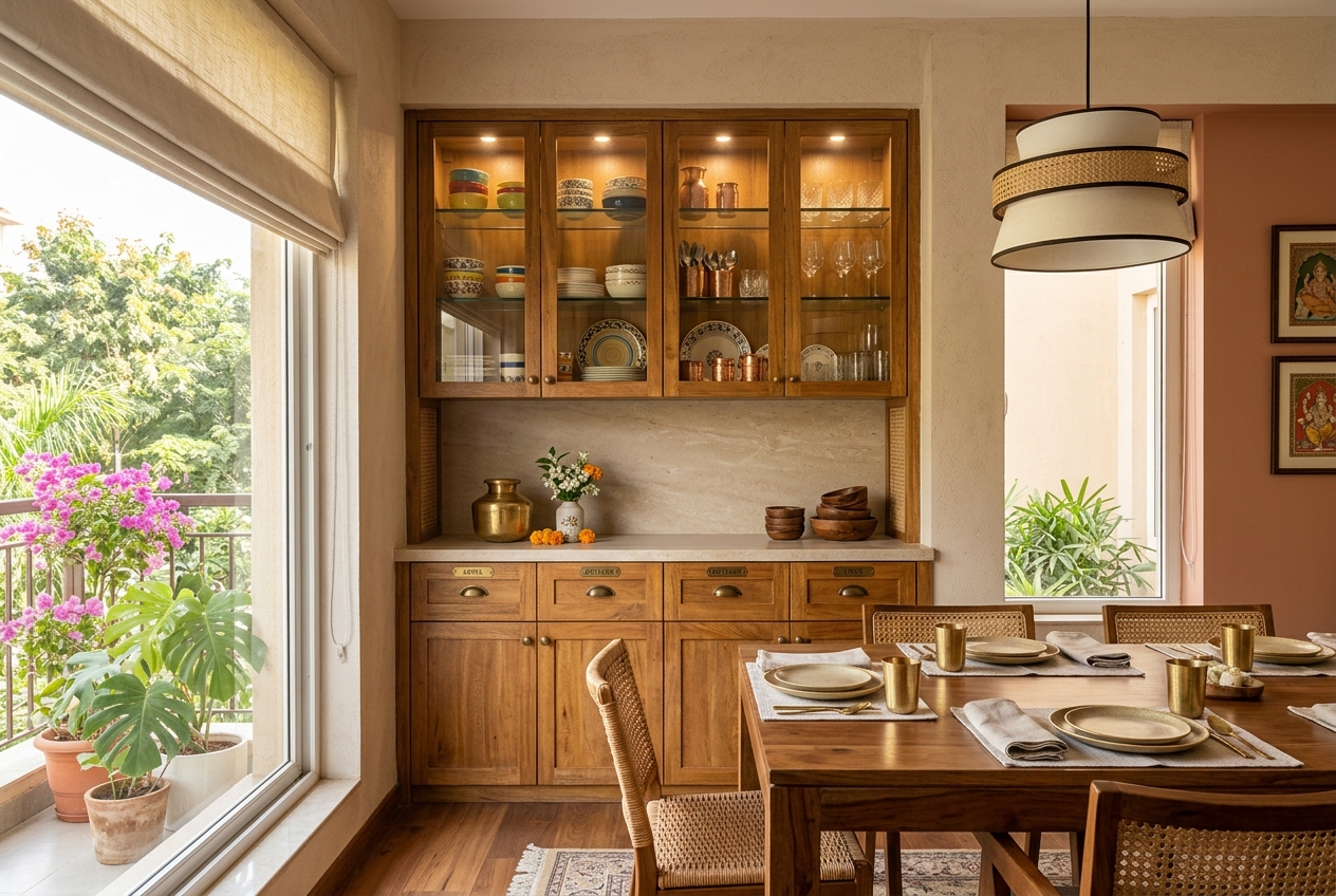 Crockery unit with glass-front display cabinets and drawers