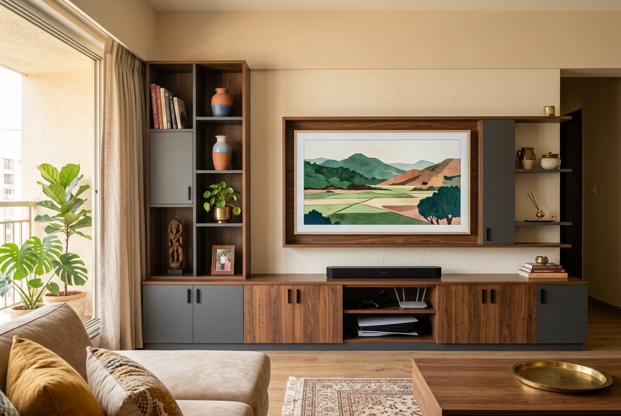 Living room media and storage unit with open shelving and closed cabinets