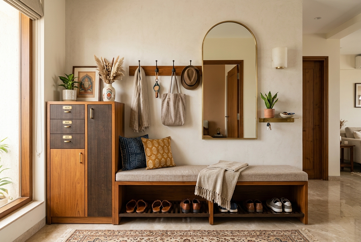 Foyer storage unit with shoe cabinet, bench and mirror