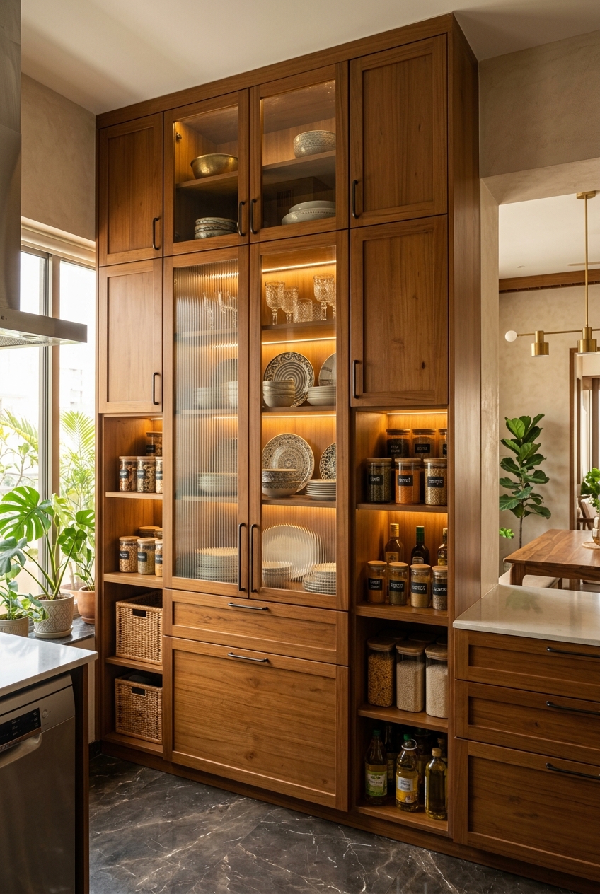 Tall crockery and pantry storage unit by DIDIT in a warm modern Indian home