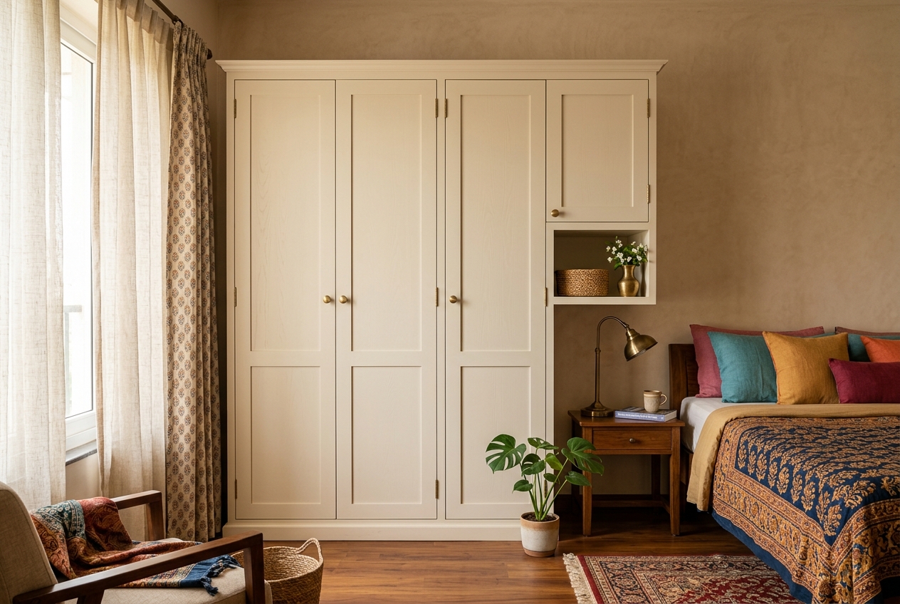 Hinged shaker-style wardrobe with framed doors and brass knobs
