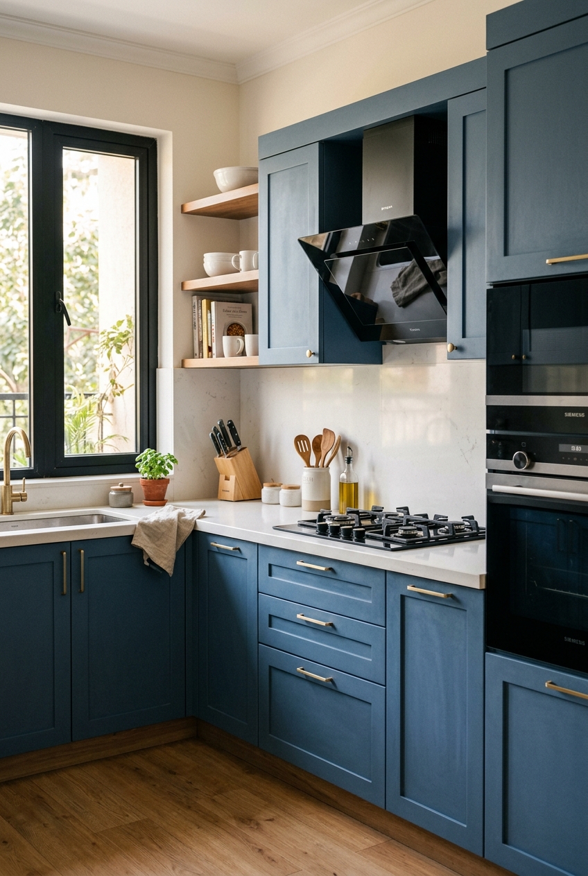 DIDIT modular kitchen in a denim-suede finish with a white quartz countertop and warm natural daylight