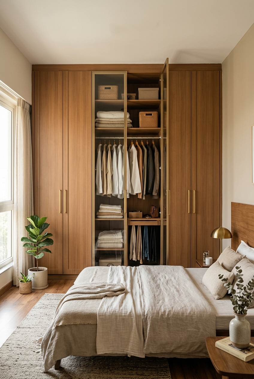Floor-to-ceiling fitted wardrobe by DIDIT in a warm modern Indian bedroom
