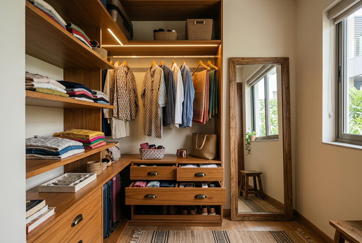 Walk-in wardrobe interior with organised shelving, drawers and hanging sections