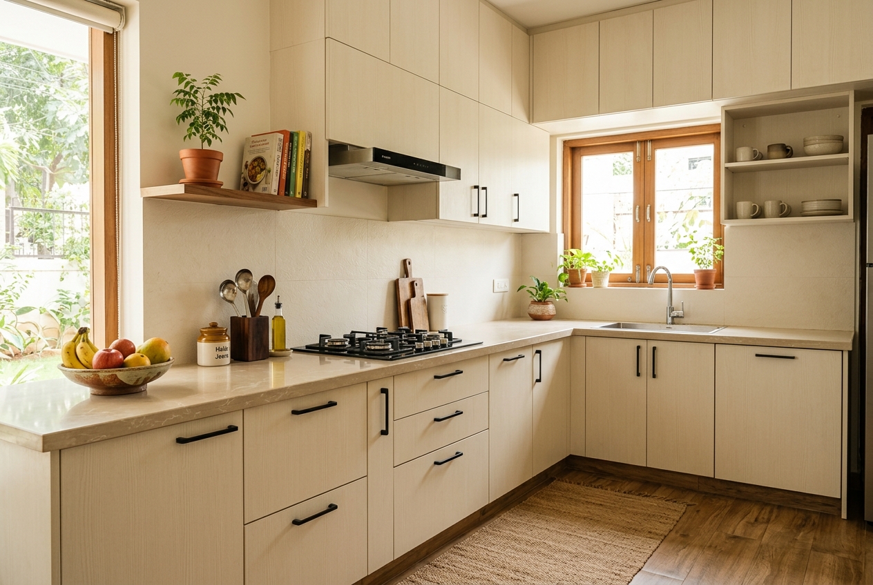L-shaped modular kitchen in a warm Irish-cream laminate finish
