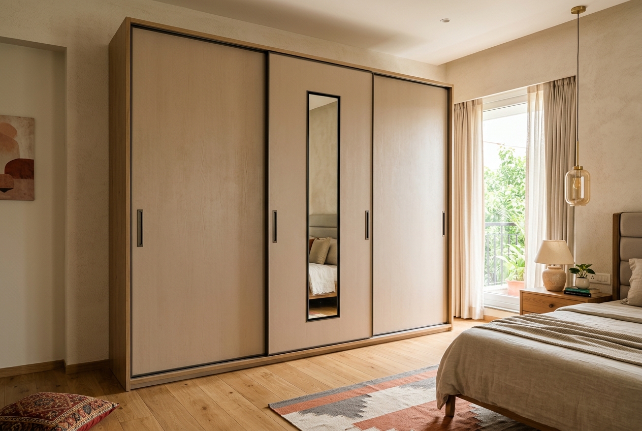 Sliding-door wardrobe with flush panels and a mirror section