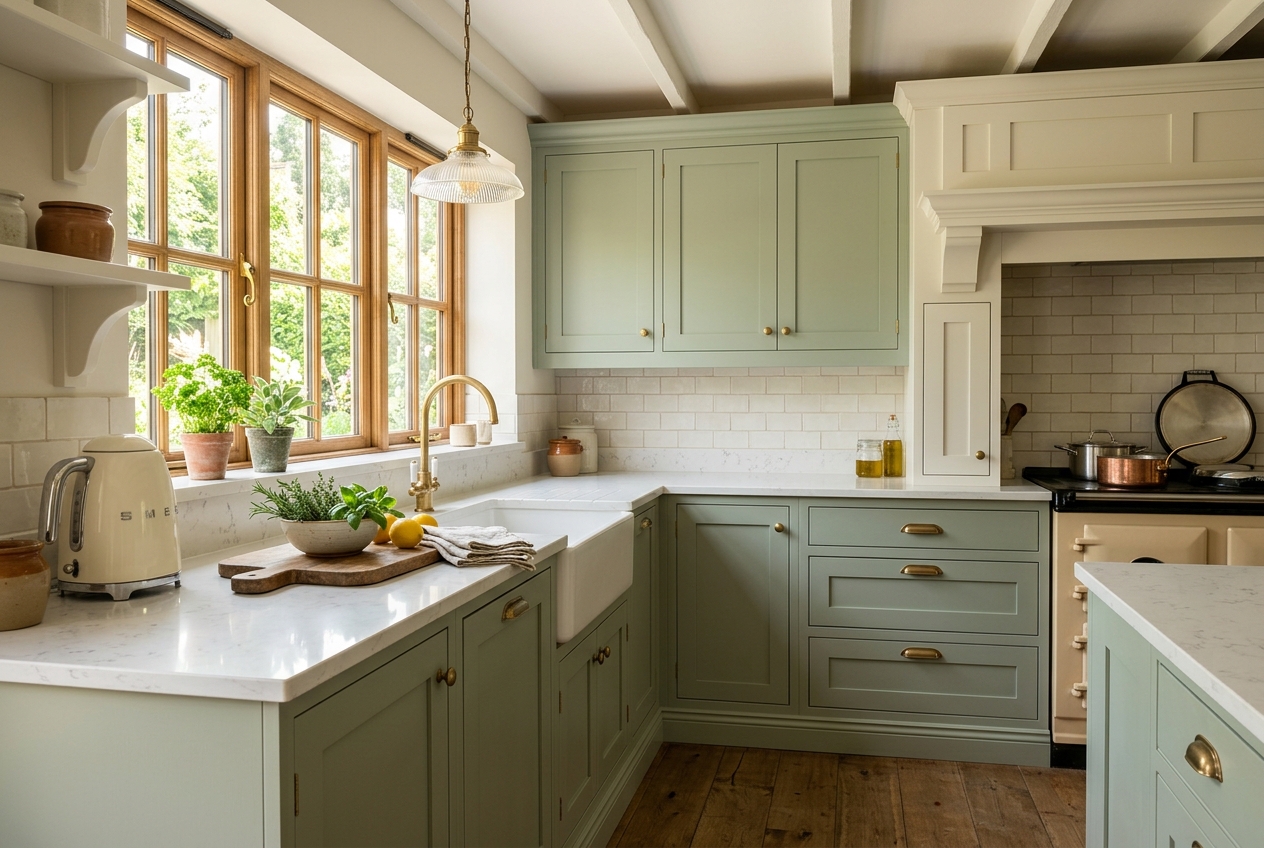 English-style PU painted modular kitchen in soft sage green with shaker doors
