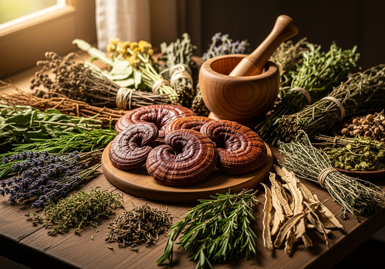 Hongos medicinales y hierbas naturales