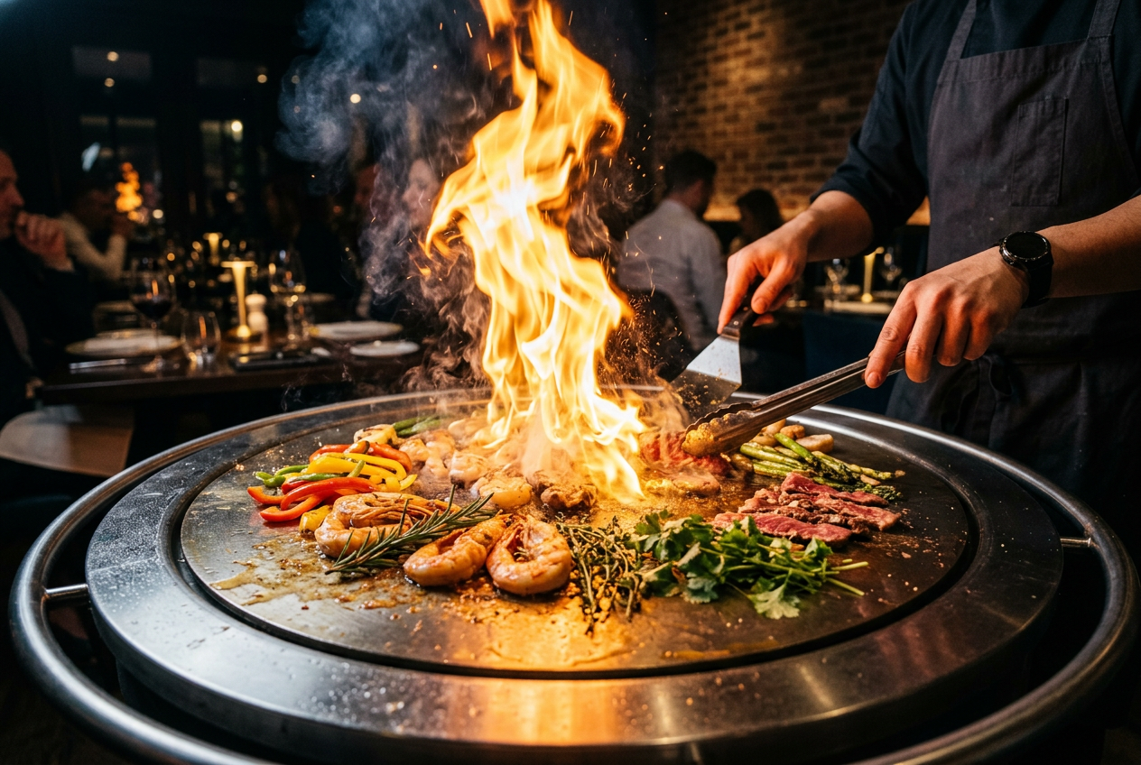 Chef performing live show-cooking on a Qookingtable