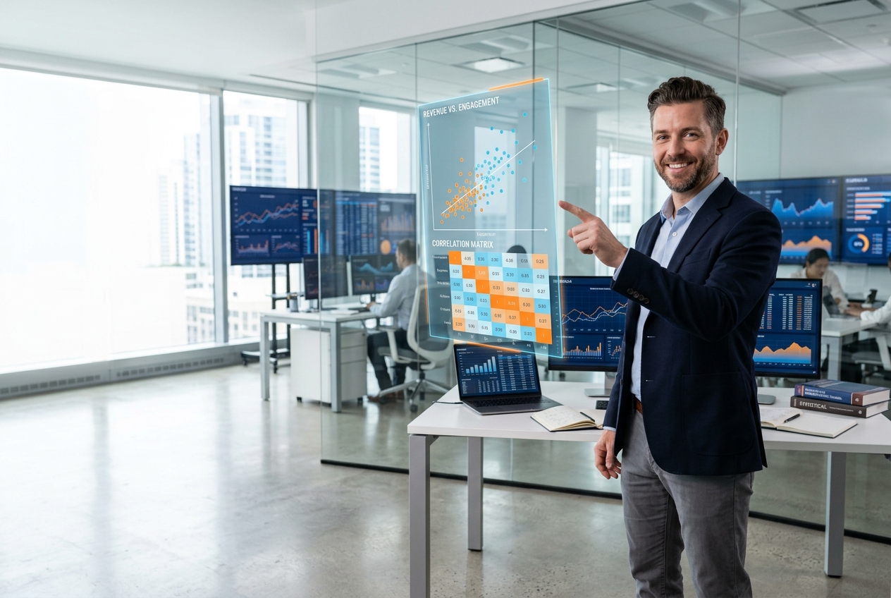 Statistician reviewing a scatter plot and correlation heatmap