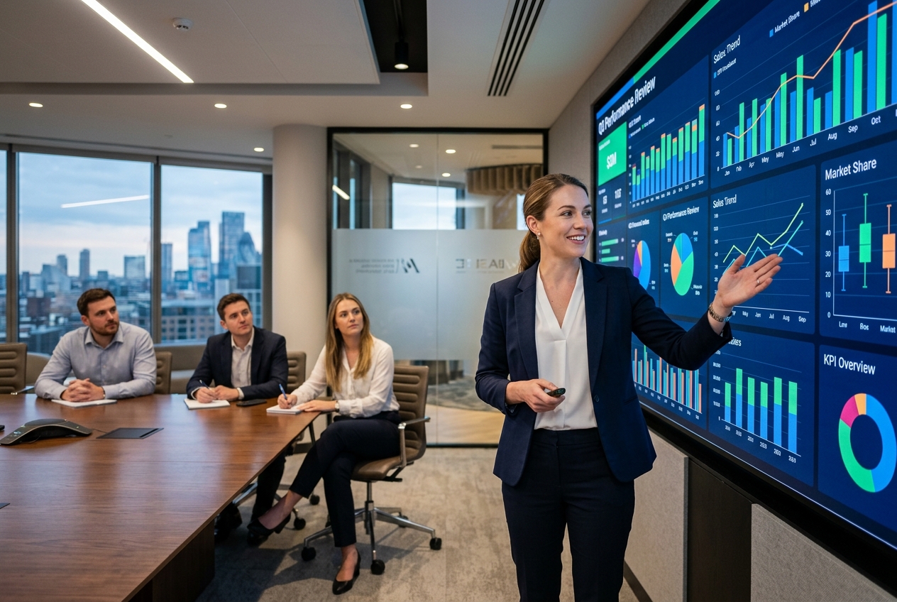 Analyst presenting a large dashboard full of colourful data visualisations