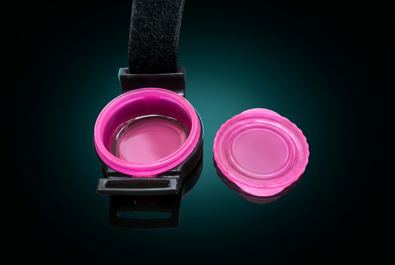 Real WearSpray reservoir with removable cap on an adjustable Velcro band