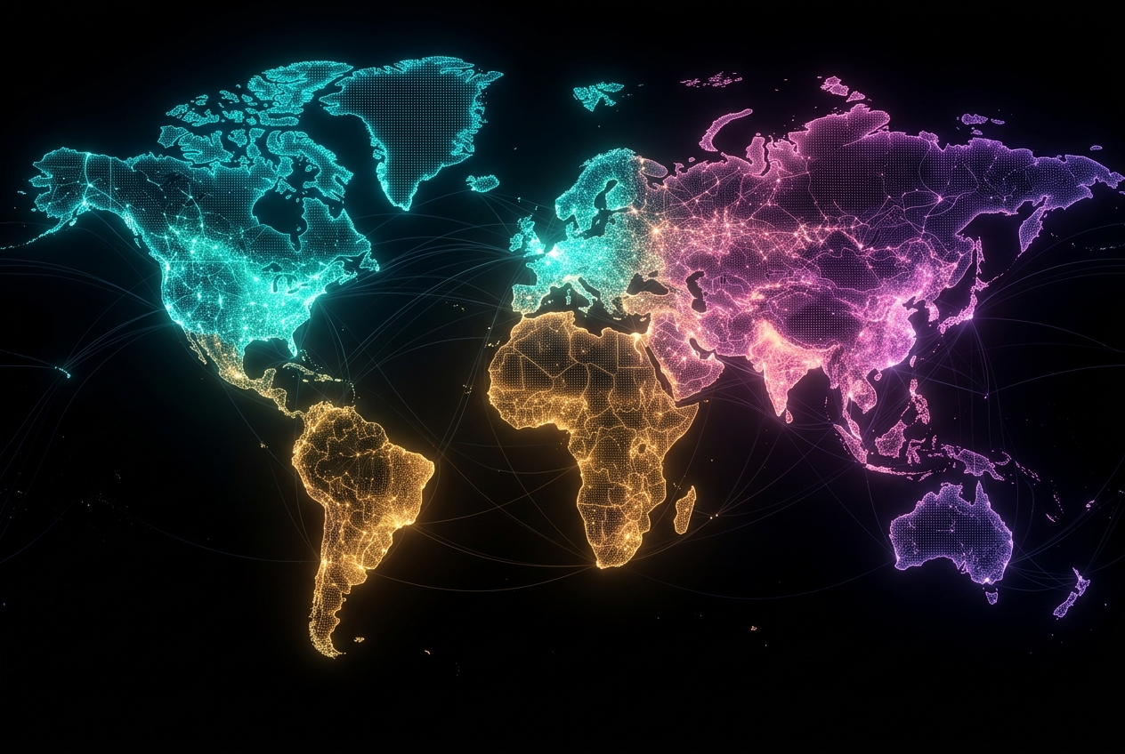 Colorful glowing world map highlighting WearSpray's priority United States, Europe and Caribbean markets
