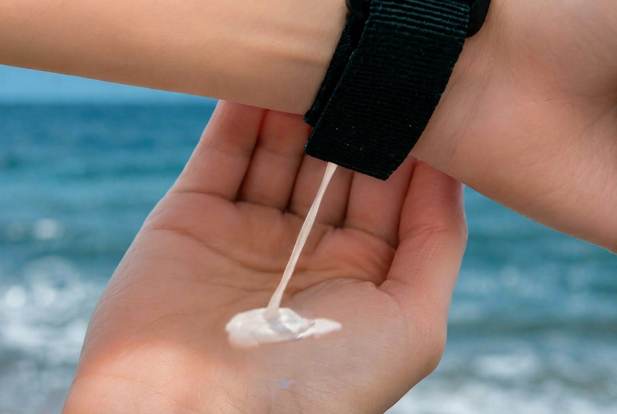 Lotion dispensing directly from the WearSpray band into a woman's hand at the beach