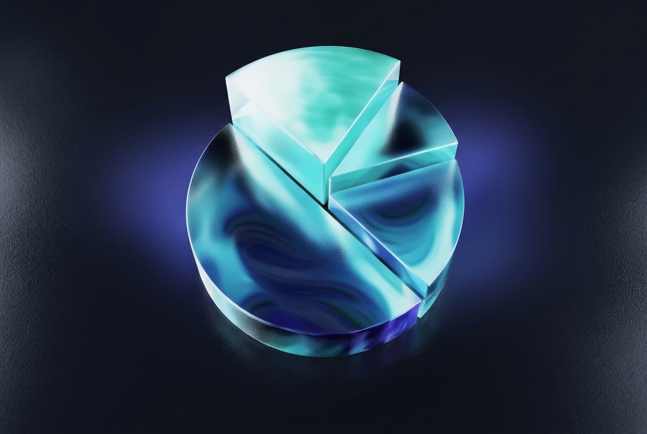 Data visualisation card, a translucent blue and teal glass 3D pie chart on a dark frosted-glass background