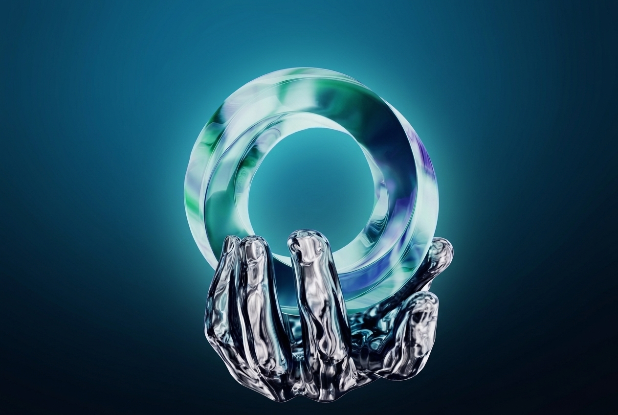 Aurevon website redesign cover, a glassy blue-green 3D torus held in a crystalline hand on a blue and black gradient glow