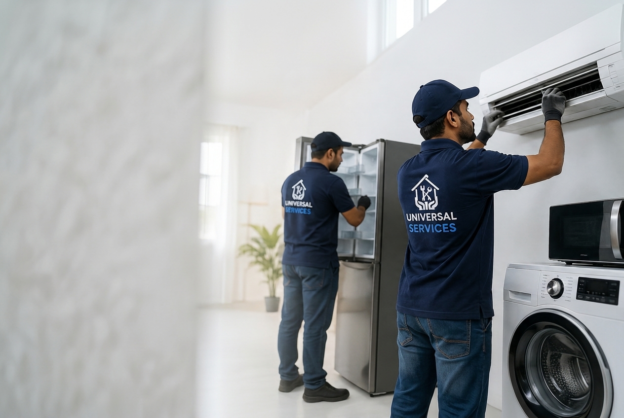 Universal Services technicians repairing AC and refrigerator