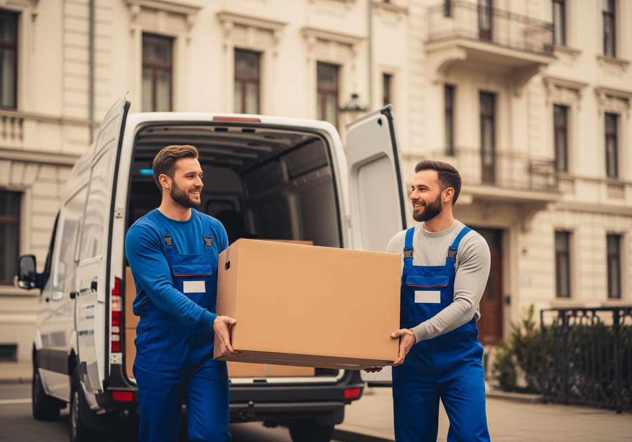 Babo Umzug Mitarbeiter tragen Umzugskarton vor weißem Transporter in Wien