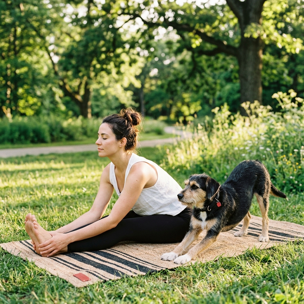 Owner and dog practicing yoga together