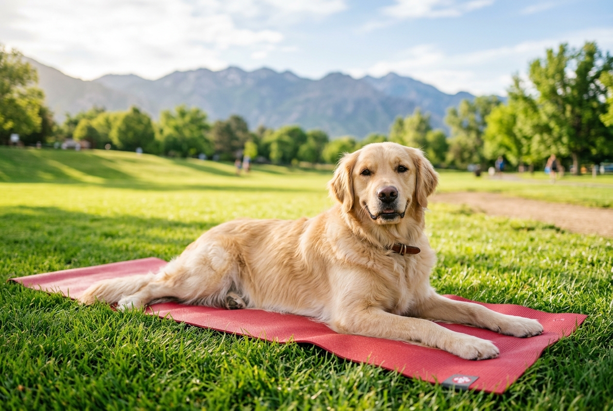 Dog stretched on a yoga mat in a Salt Lake City park