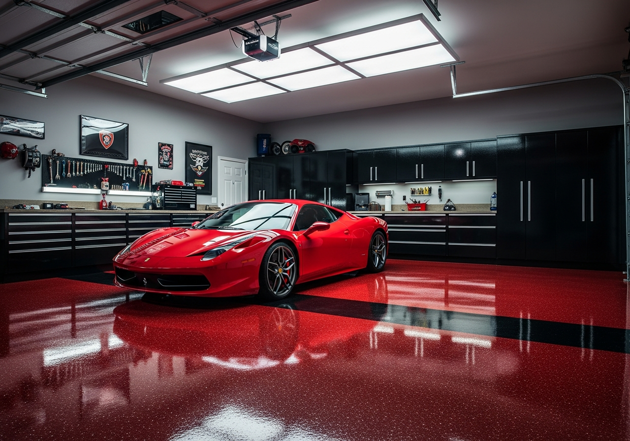 Red & Black Flake Epoxy - Sports Garage