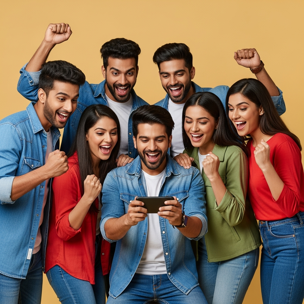 Excited young adults using smartphones