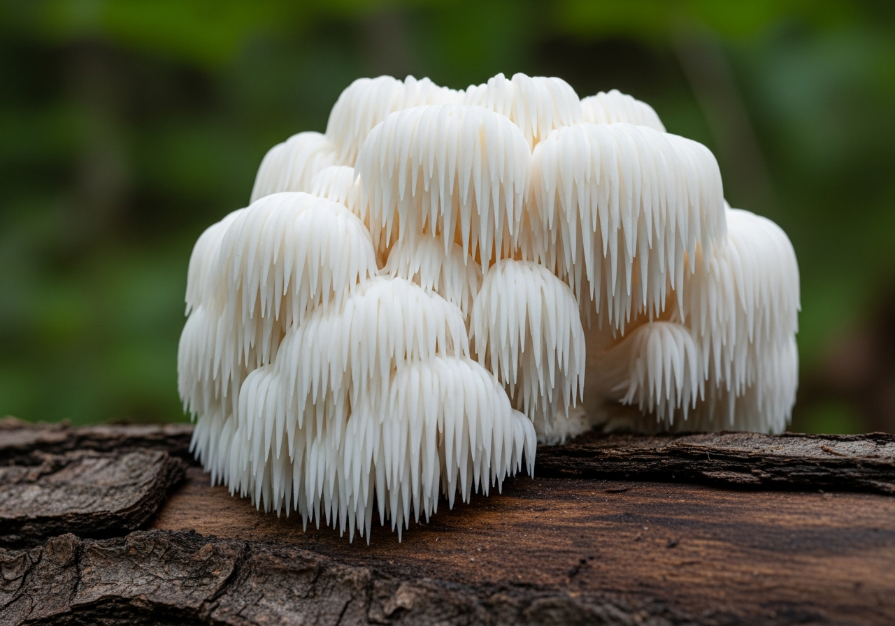 Hericium erinaceus Melena de Leon: hongo blanco con espinas en cascada creciendo en tronco de madera