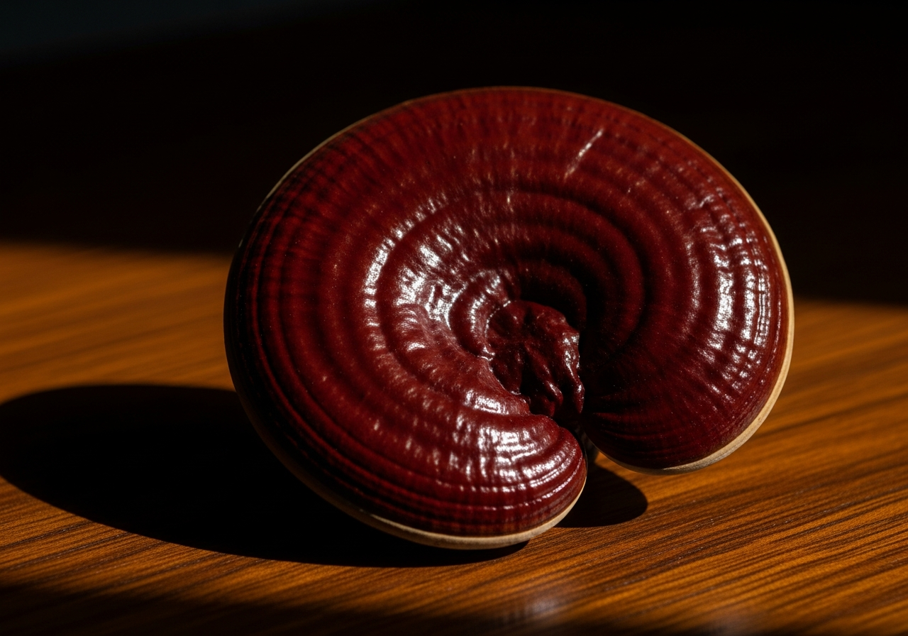 Ganoderma lucidum Reishi: detalle macro del cuerpo fructifero con anillos de crecimiento y superficie lacada