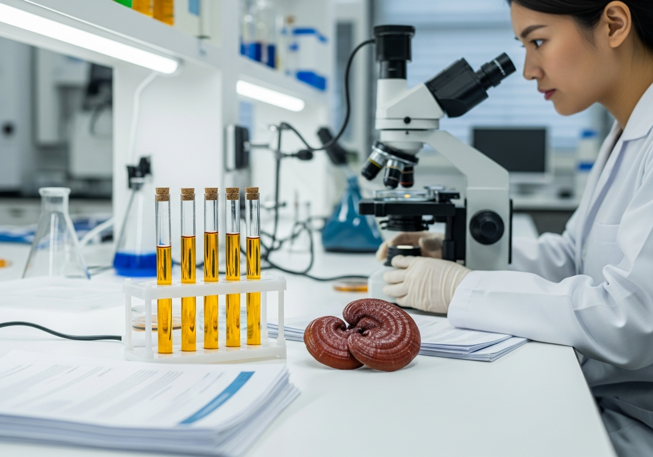 Investigacion cientifica sobre Ganoderma lucidum: laboratorio con microscopio, tubos de ensayo con extracto y hongo Reishi